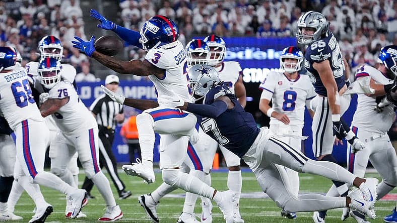 Sep 26, 2022; East Rutherford, NJ, USA; Dallas Cowboys cornerback Trevon Diggs (7) defends the pass intended for New York Giants wide receiver Sterling Shepard (3) during the first quarter at MetLife Stadium. Mandatory Credit: Robert Deutsch-USA TODAY Sports