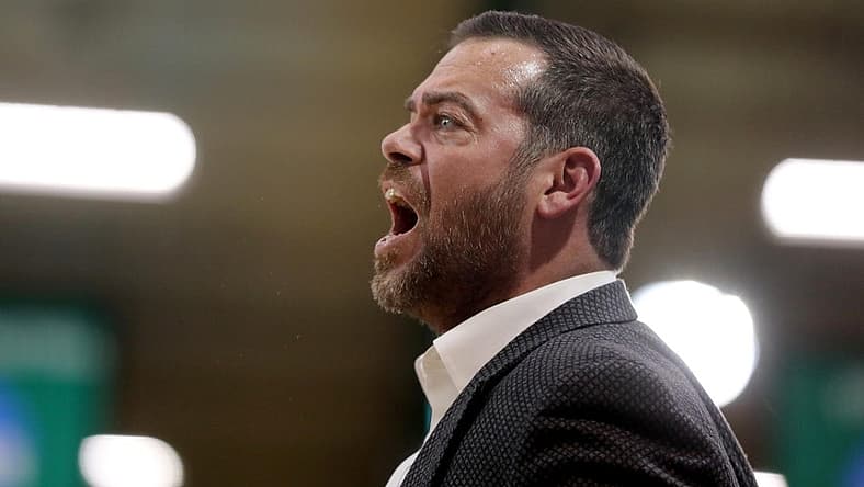 Manhattan basketball coach Steve Masiello yells at a referee during a MAAC basketball game against Iona at Manhattan College Feb 22, 2019. Iona defeated Manhattan 66-52.Iona Vs Manhattan Basketball