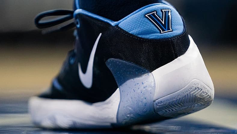 Dec 20, 2019; Philadelphia, PA, USA; Sneaker detail featuring a Villanova logo of Dallas Mavericks guard and former Villanova Wildcat Jalen Brunson before a game against the Philadelphia 76ers at Wells Fargo Center. Mandatory Credit: Bill Streicher-USA TODAY Sports