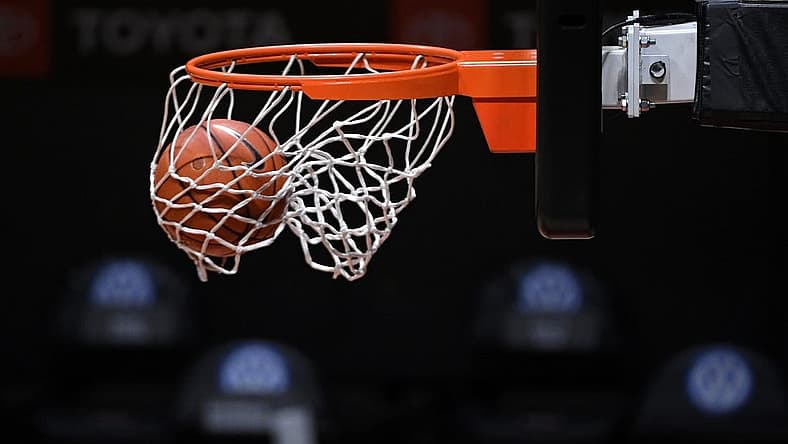 Jan 7, 2021; San Diego, California, USA; A detailed view of a Nike basketball going through a hoop before the game between the San Diego State Aztecs and the Nevada Wolf Pack at Viejas Arena. Mandatory Credit: Orlando Ramirez-USA TODAY Sports
