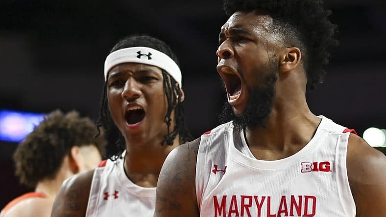 Jan 21, 2022; College Park, Maryland, USA; Maryland Terrapins forward Donta Scott (24) reacts after making basket during the second half against Illinois Fighting Illini at Xfinity Center. Mandatory Credit: Tommy Gilligan-USA TODAY Sports