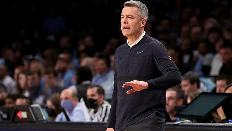 Mar 10, 2022; Brooklyn, NY, USA; Virginia Cavaliers head coach Tony Bennett coaches against the North Carolina Tar Heels during the first half at Barclays Center. Mandatory Credit: Brad Penner-USA TODAY Sports