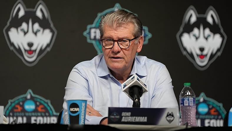 Apr 1, 2022; Minneapolis, MN, USA; UConn Huskies head coach Geno Auriemma speaks to the media after defeating the Stanford Cardinal in the Final Four semifinals of the women's college basketball NCAA Tournament at Target Center. Mandatory Credit: Kirby Lee-USA TODAY Sports