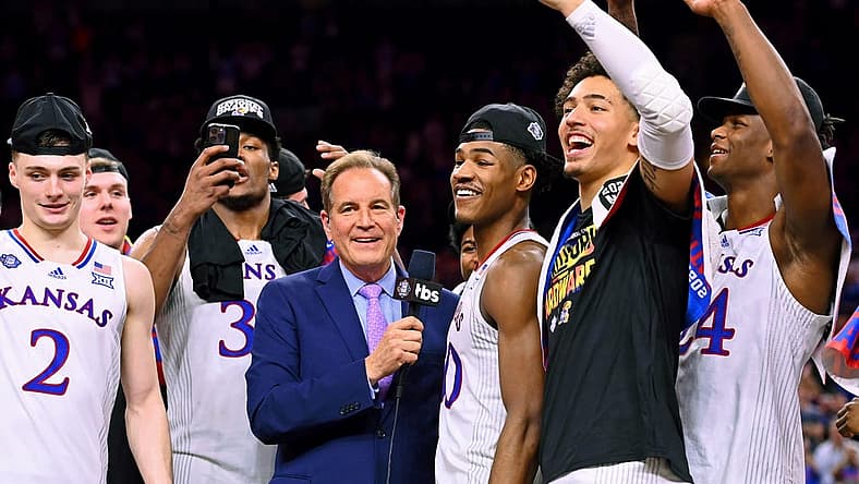 Apr 4, 2022; New Orleans, LA, USA; CBS announcer Jim Nantz interviews Kansas Jayhawks guard Ochai Agbaji (30) after their win against the North Carolina Tar Heels in the 2022 NCAA men's basketball tournament Final Four championship game at Caesars Superdome. Mandatory Credit: Bob Donnan-USA TODAY Sports