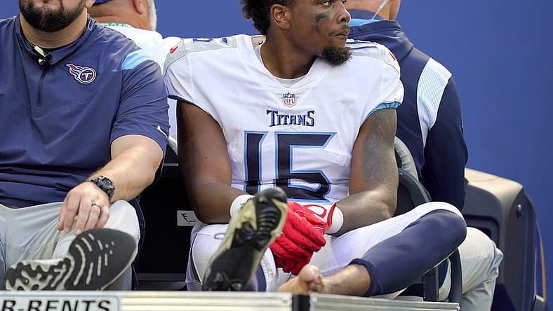 Oct 2, 2022; Indianapolis, Indiana, USA; Tennessee Titans wide receiver Treylon Burks (16) is carted off the field after an injury following a play against the Indianapolis Colts during the first half at Lucas Oil Stadium. Mandatory Credit: Armond Feffer/IndyStar-USA TODAY NETWORK
Nfl Tennessee Titans At Indianapolis Colts