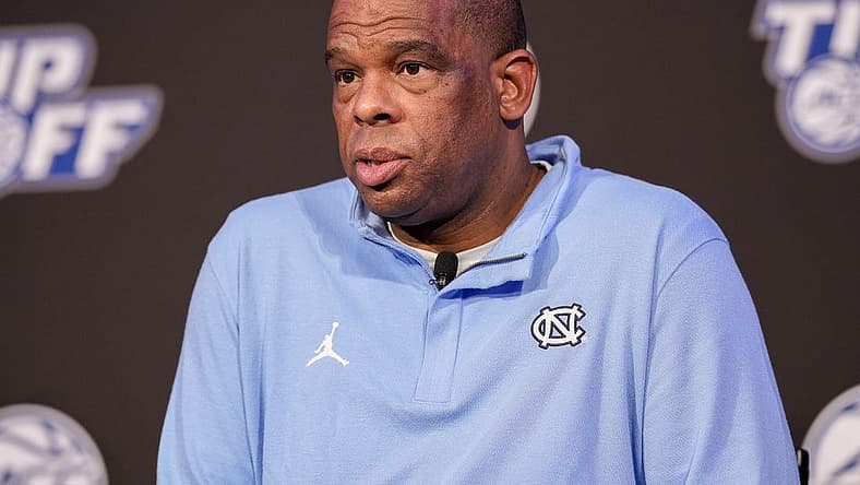 Oct 12, 2022; Charlotte, North Carolina, US; North Carolina Coach Hubert Davis during the ACC Tip Off media day in Charlotte, NC. Mandatory Credit: Jim Dedmon-USA TODAY Sports