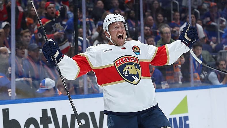 Oct 13, 2022; Elmont, New York, USA; Florida Panthers right wing Patric Hornqvist (70) celebrates his goal against the New York Islanders during the third period at UBS Arena. Mandatory Credit: Thomas Salus-USA TODAY Sports
