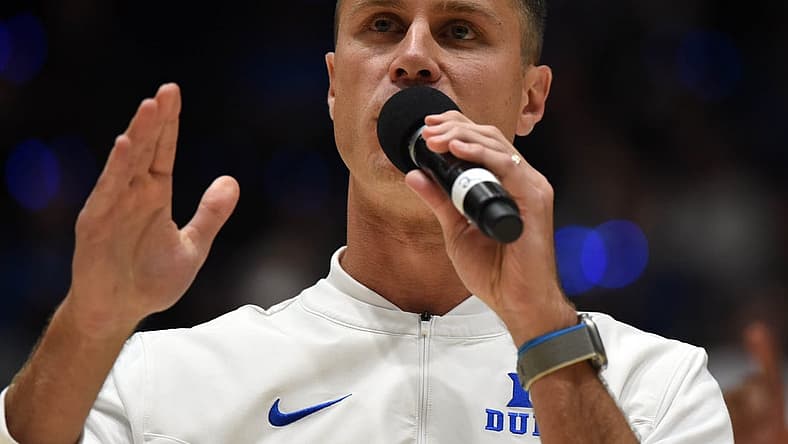 Oct 21, 2022; Durham, North Carolina, US;Duke Blue Devils head coach Jon Scheyer during Countdown to Craziness at Cameron Indoor Stadium. Mandatory Credit: Rob Kinnan-USA TODAY Sports
