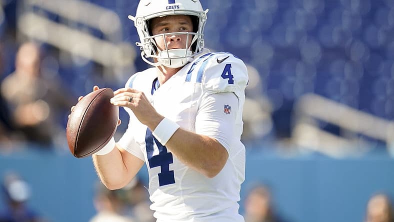 Oct 23, 2022; Nashville, Tennessee, USA; Indianapolis Colts quarterback Sam Ehlinger (4) warms up as the team gets ready to face the Tennessee Titans at Nissan Stadium Sunday, Oct. 23, 2022, in Nashville, Tenn. Mandatory Credit: George Walker IV-USA TODAY Sports