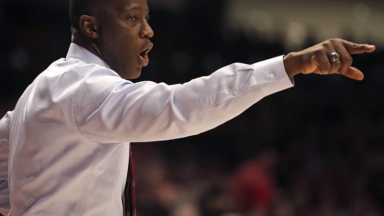 Feb 28, 2020; Dayton, Ohio, USA; Dayton Flyers head coach Anthony Grant reacts against the Davidson Wildcats during the second half at University of Dayton Arena. Mandatory Credit: David Kohl-USA TODAY Sports