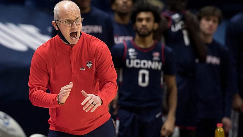 Connecticut Huskies head coach Dan Hurley yells for a stop in the second half of the NCAA men's basketball game between the Xavier Musketeers and the Connecticut Huskies on Saturday, Feb. 13, 2021, in Cincinnati.
Connecticut At Xavier