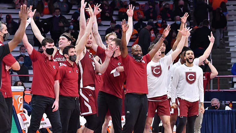 Nov 20, 2021; Syracuse, New York, USA; The Colgate Raiders bench reacts to a three point basket in the second half against the Syracuse Orange at the Carrier Dome. Mandatory Credit: Mark Konezny-USA TODAY Sports