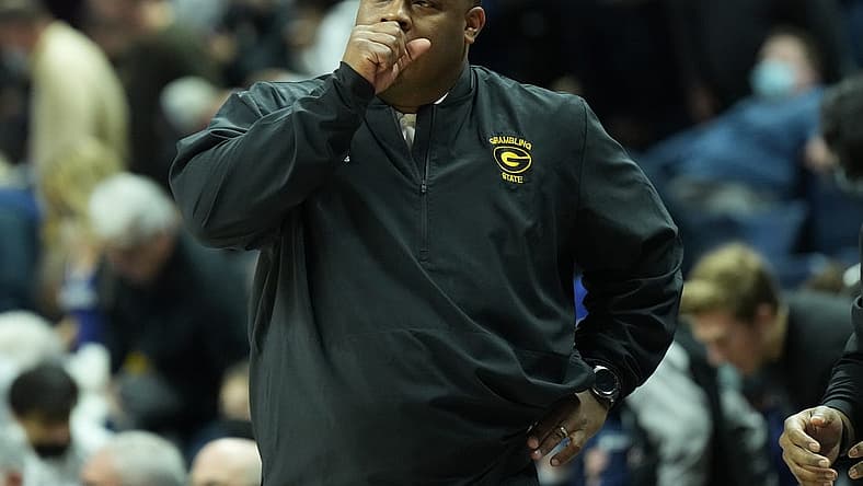 Dec 4, 2021; Storrs, Connecticut, USA; Grambling State Tigers head coach Donte Jackson watches from the sideline as they take on the Connecticut Huskies in the first half at Harry A. Gampel Pavilion. Mandatory Credit: David Butler II-USA TODAY Sports