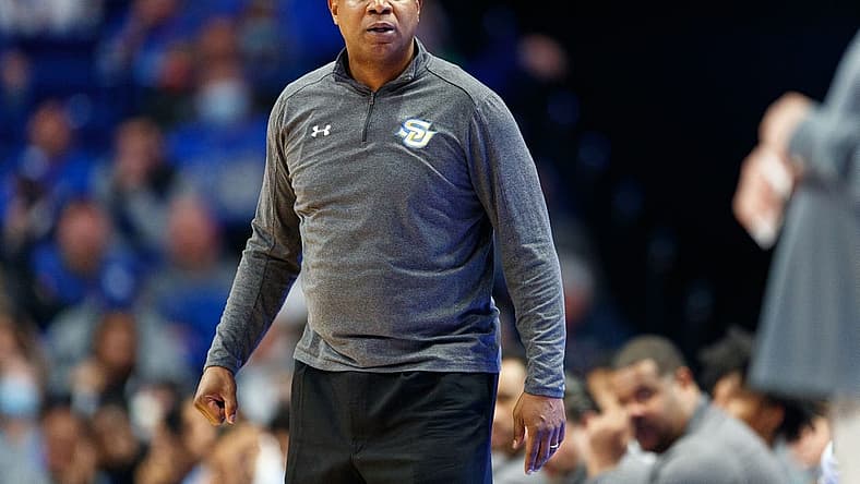 Dec 7, 2021; Lexington, Kentucky, USA; Southern University Jaguars head coach Sean Woods stares down the court during the second half against the Kentucky Wildcats at Rupp Arena at Central Bank Center. Mandatory Credit: Jordan Prather-USA TODAY Sports