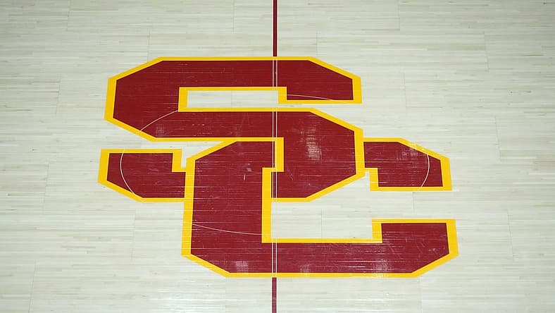 Jan 13, 2022; Los Angeles, California, USA; A detailed view of the Southern California Trojans SC logo at center court at the Galen Center. Mandatory Credit: Kirby Lee-USA TODAY Sports