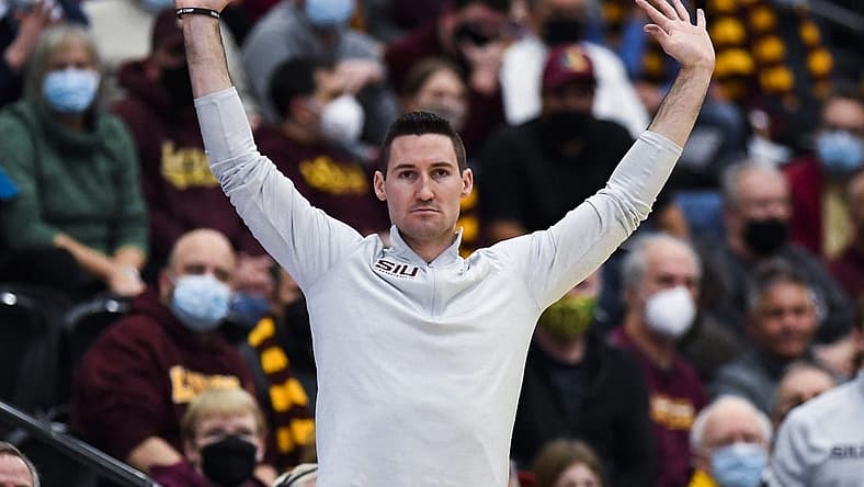 Jan 25, 2022; Chicago, Illinois, USA; Southern Illinois Salukis head coach Bryan Mullins directs the team during the second half against Loyola (Il) Ramblers at Joseph J. Gentile Arena. Mandatory Credit: Matt Marton-USA TODAY Sports