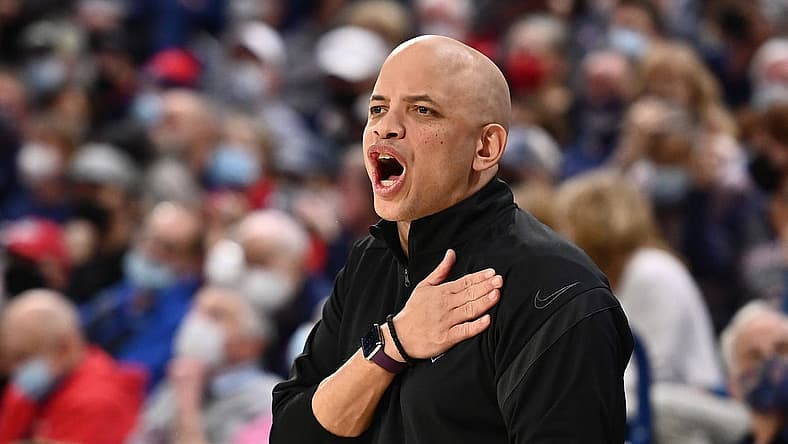 Jan 29, 2022; Spokane, Washington, USA; Portland Pilots head coach Shantay Legans looks on against the Gonzaga Bulldogs in the first half at McCarthey Athletic Center. Mandatory Credit: James Snook-USA TODAY Sports