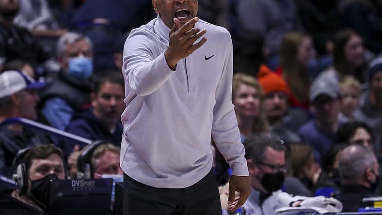 Feb 5, 2022; Cincinnati, Ohio, USA; DePaul Blue Demons head coach Tony Stubblefield yells instructions during the second half in the game against the Xavier Musketeers at Cintas Center. Mandatory Credit: Katie Stratman-USA TODAY Sports