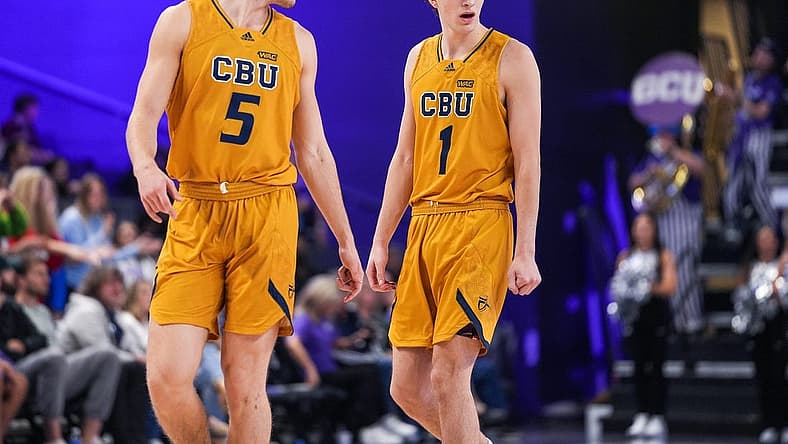 California Baptist Lancers guard Reed Nottage (5), left, and California Baptist Lancers guard Taran Armstrong (1), right, talk as their team is down during the closing minutes of the second half against the California Baptist Lancers at GCU Arena on Saturday, Feb. 5, 2022, in Phoenix. The Antelopes beat the Lancers 56 to 50.

Uscp 7jlmeqhx4qakeos9yge Original