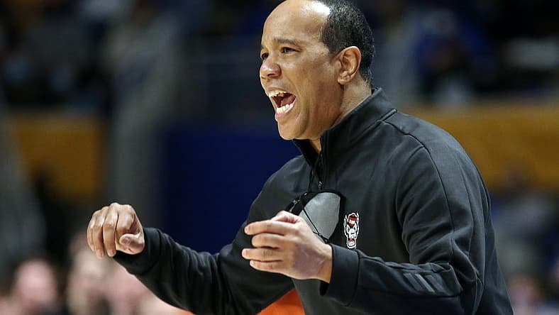 Feb 12, 2022; Pittsburgh, Pennsylvania, USA; North Carolina State Wolfpack head coach Kevin Keatts reacts on the sidelines against the Pittsburgh Panthers during the second half at the Petersen Events Center. Pittsburgh won 71-69. Mandatory Credit: Charles LeClaire-USA TODAY Sports