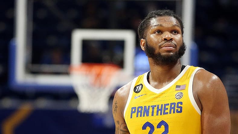 Feb 12, 2022; Pittsburgh, Pennsylvania, USA; Pittsburgh Panthers forward John Hugley (23) looks on against the North Carolina State Wolfpack during the second half at the Petersen Events Center. Mandatory Credit: Charles LeClaire-USA TODAY Sports