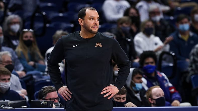 Feb 17, 2022; University Park, Pennsylvania, USA; Minnesota Golden Gophers head coach Ben Johnson looks on from the bench during the first half against the Penn State Nittany Lions at Bryce Jordan Center. Penn State defeated Minnesota 67-46. Mandatory Credit: Matthew OHaren-USA TODAY Sports