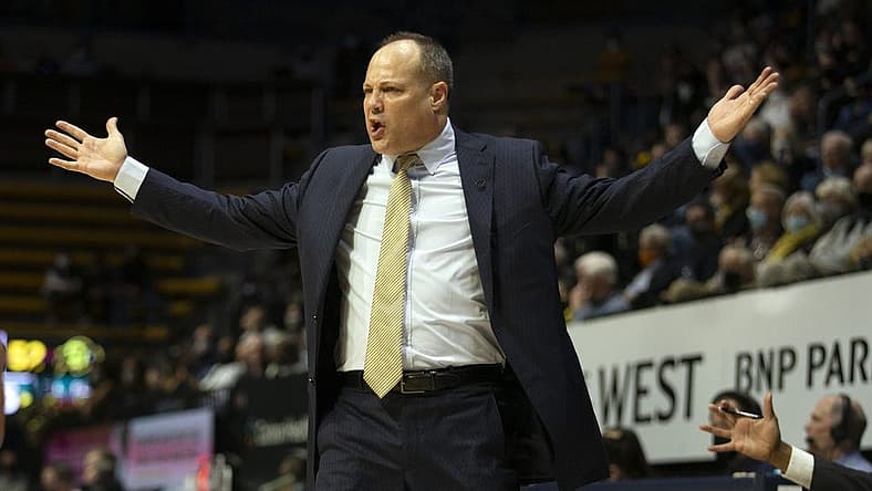 Feb 17, 2022; Berkeley, California, USA; California Golden Bears head coach Mark Fox reacts to an official s call against his team during the second half with the Colorado Buffaloes at Haas Pavilion. Mandatory Credit: D. Ross Cameron-USA TODAY Sports