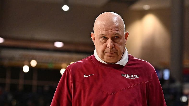 Feb 19, 2022; Spokane, Washington, USA; Santa Clara Broncos head coach Herb Sendek looks on against the Gonzaga Bulldogs in the first half at McCarthey Athletic Center. Mandatory Credit: James Snook-USA TODAY Sports