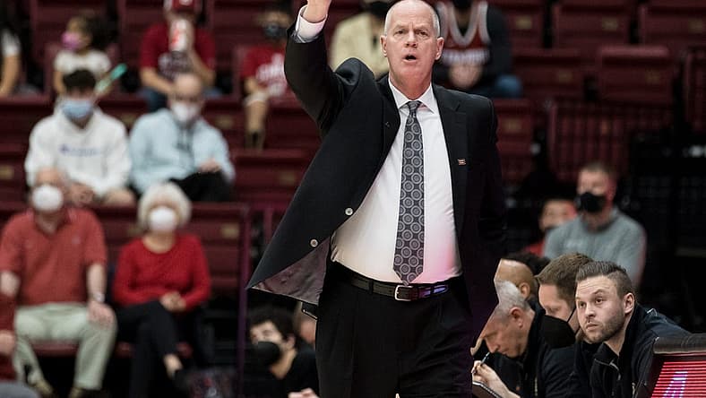 Feb 19, 2022; Stanford, California, USA; Colorado Buffaloes head coach Tad Boyle signals during the first half against the Stanford Cardinal at Maples Pavilion. Mandatory Credit: John Hefti-USA TODAY Sports