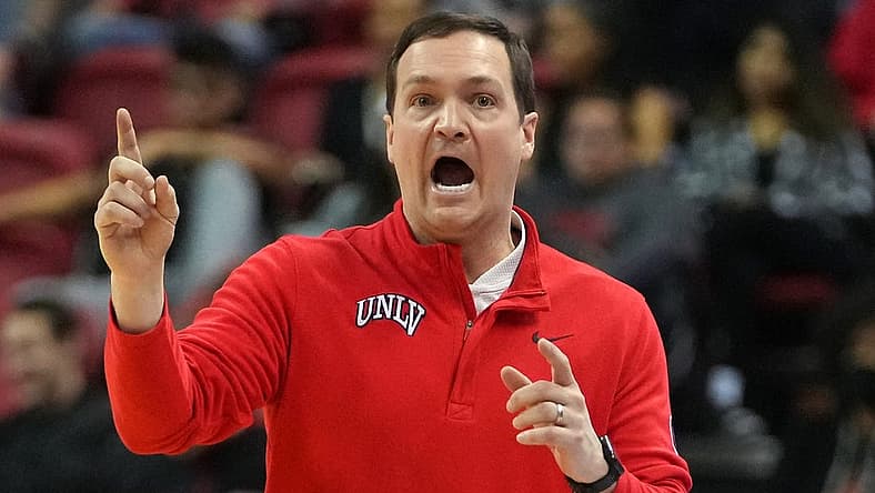 Feb 19, 2022; Las Vegas, Nevada, USA; UNLV Runnin' Rebels head coach Kevin Kruger during the second half against the Colorado State Rams at Thomas & Mack Center. Mandatory Credit: Stephen R. Sylvanie-USA TODAY Sports