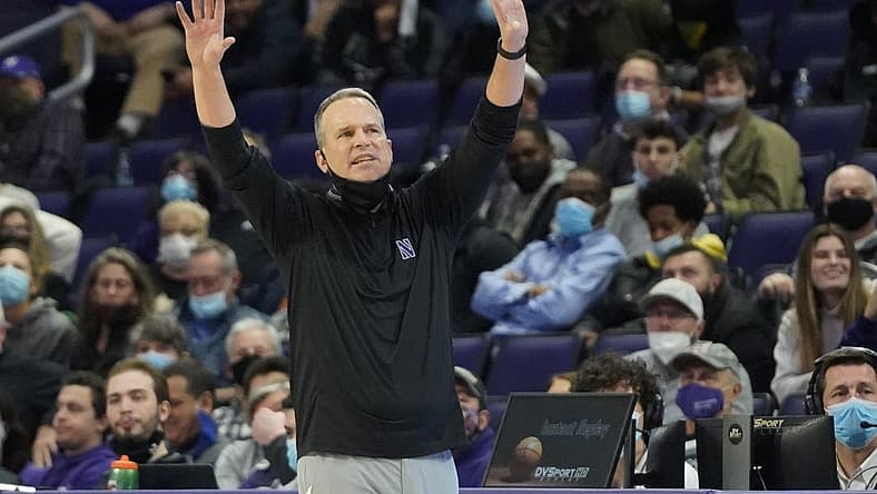 Feb 22, 2022; Evanston, Illinois, USA; Northwestern Wildcats head coach Chris Collins gestures to his team during the second half at Welsh-Ryan Arena. Mandatory Credit: David Banks-USA TODAY Sports