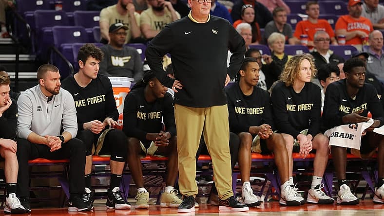 Feb 23, 2022; Clemson, South Carolina, USA; Wake Forest Demon Deacons head coach Steve Forbes watches from the sideline during the first half against the Clemson Tigers at Littlejohn Coliseum. Mandatory Credit: Dawson Powers-USA TODAY Sports