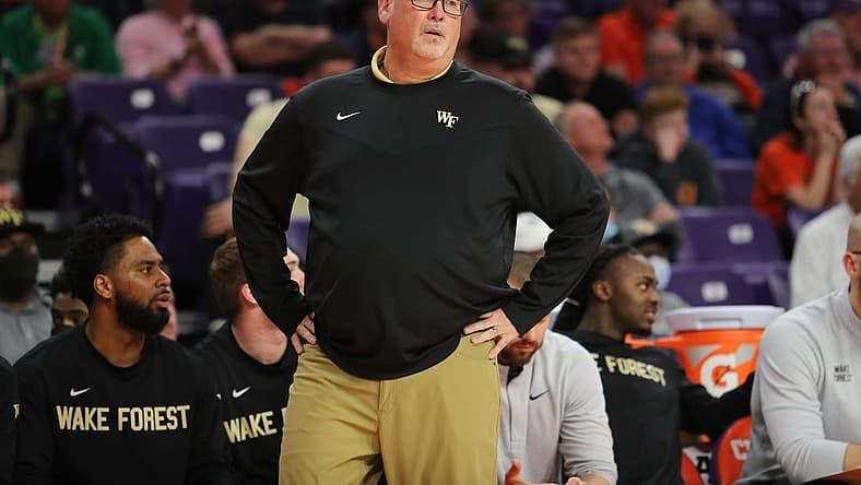 Feb 23, 2022; Clemson, South Carolina, USA; Wake Forest Demon Deacons head coach Steve Forbes reacts from the sideline during the second half against the Clemson Tigers at Littlejohn Coliseum. Mandatory Credit: Dawson Powers-USA TODAY Sports