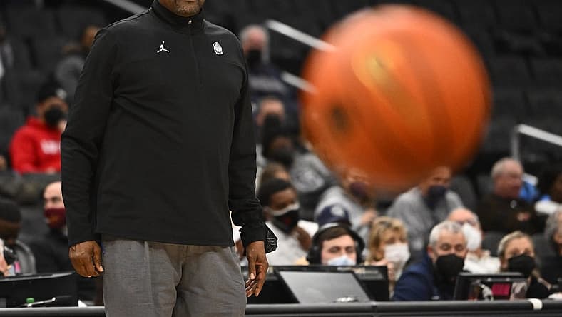 Feb 24, 2022; Washington, District of Columbia, USA; Georgetown Hoyas head coach Patrick Ewing looks on against the DePaul Blue Demons during the first half at Capital One Arena. Mandatory Credit: Brad Mills-USA TODAY Sports