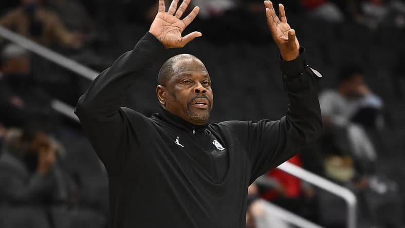 Feb 24, 2022; Washington, District of Columbia, USA; Georgetown Hoyas head coach Patrick Ewing gestures against the DePaul Blue Demons during the second half at Capital One Arena. Mandatory Credit: Brad Mills-USA TODAY Sports