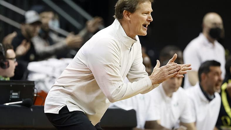 Feb 24, 2022; Eugene, Oregon, USA; Oregon Ducks head coach Dana Altman cheers on his team during the first half against the UCLA Bruins at Matthew Knight Arena. Mandatory Credit: Soobum Im-USA TODAY Sports