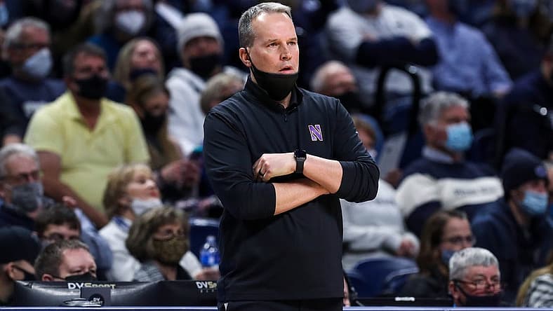 Feb 25, 2022; University Park, Pennsylvania, USA; Northwestern Wildcats head coach Chris Collins looks on from the bench during the first half against the Penn State Nittany Lions at Bryce Jordan Center. Penn State defeated Northwestern 67-60. Mandatory Credit: Matthew OHaren-USA TODAY Sports