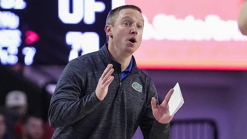 Feb 26, 2022; Athens, Georgia, USA; Florida Gators head coach Mike White reacts during the game against the Georgia Bulldogs during the second half at Stegeman Coliseum. Mandatory Credit: Dale Zanine-USA TODAY Sports