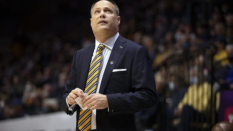 Feb 26, 2022; Berkeley, California, USA; California Golden Bears head coach Mark Fox looks up at the scoreboard during the first half against the Stanford Cardinal at Haas Pavilion. Mandatory Credit: D. Ross Cameron-USA TODAY Sports