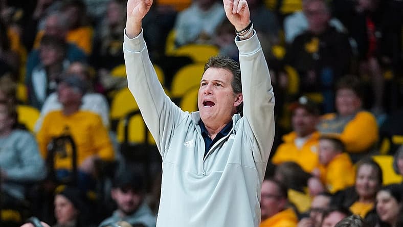 Feb 26, 2022; Laramie, Wyoming, USA; Nevada Wolf Pack head coach Steve Alford reacts against the Wyoming Cowboys during the first half at Arena-Auditorium. Mandatory Credit: Troy Babbitt-USA TODAY Sports