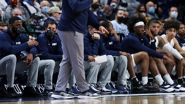 Feb 27, 2022; University Park, Pennsylvania, USA; Penn State Nittany Lions head coach Micah Shrewsberry looks on from the bench during the second half against the Nebraska Cornhuskers at Bryce Jordan Center. Nebraska defeated Penn State 93-70. Mandatory Credit: Matthew OHaren-USA TODAY Sports