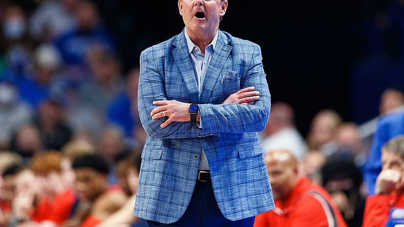 Mar 1, 2022; Lexington, Kentucky, USA; Mississippi Rebels head coach Kermit Davis yells to his team during the first half against the Kentucky Wildcats at Rupp Arena at Central Bank Center. Mandatory Credit: Jordan Prather-USA TODAY Sports
