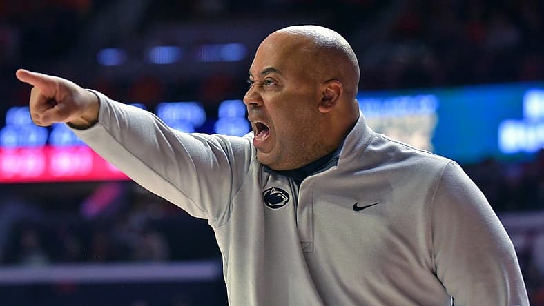 Mar 3, 2022; Champaign, Illinois, USA; Penn State Nittany Lions head coach Micah Shrewsberry directs his players during the first half against the Illinois Fighting Illini at State Farm Center. Mandatory Credit: Ron Johnson-USA TODAY Sports