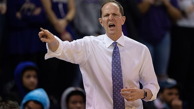 Feb 28, 2022; Seattle, Washington, USA; Washington head coach Mike Hopkins yells during a game against UCLA at Alaska Airlines Arena at Hec Edmundson Pavilion. Mandatory Credit: Stephen Brashear-USA TODAY Sports