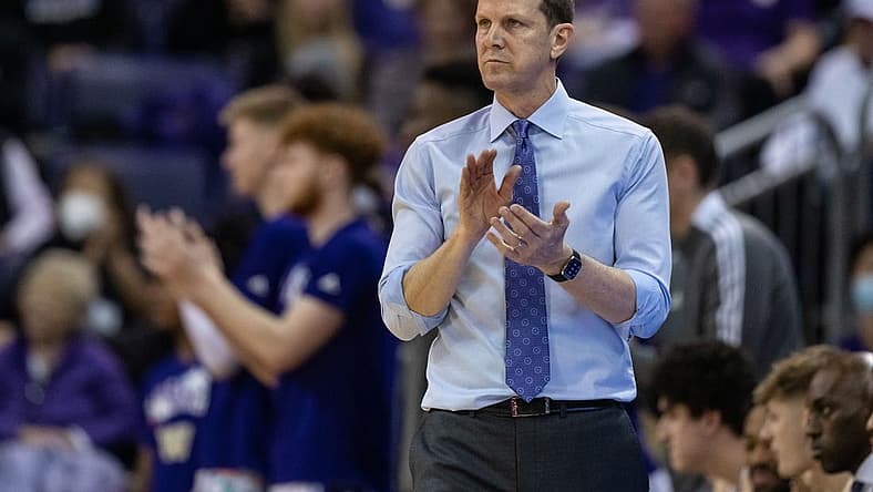 Feb 26, 2022; Seattle, Washington, USA; Washington head coach Mike Hopkins claps during a game against Washington State at Alaska Airlines Arena at Hec Edmundson Pavilion. Mandatory Credit: Stephen Brashear-USA TODAY Sports