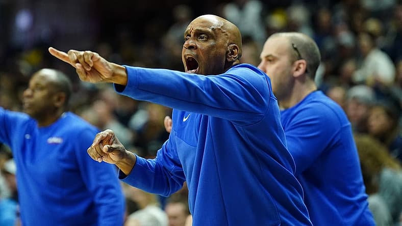 Mar 5, 2022; Storrs, Connecticut, USA; DePaul Blue Demons head coach Tony Stubblefield watches from the sideline as they take on the Connecticut Huskies in the first half at Harry A. Gampel Pavilion. Mandatory Credit: David Butler II-USA TODAY Sports