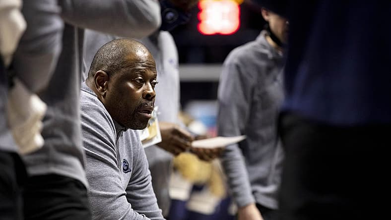 Mar 5, 2022; Cincinnati, OH, USA; Georgetown Hoyas head coach Patrick Ewing speaks to his team during the first half against the Xavier Musketeers at the Cintas Center. Mandatory Credit: Albert Cesare/The Cincinnati Enquirer Sentinel via USA TODAY NETWORK