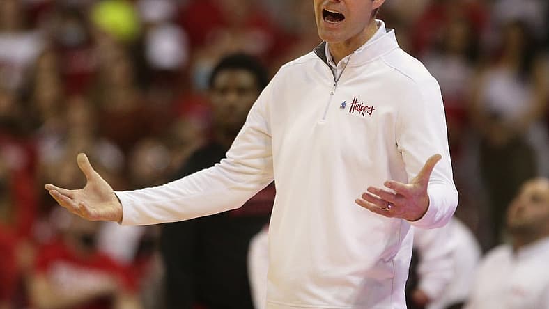 Mar 6, 2022; Madison, Wisconsin, USA; Nebraska Cornhuskers head coach Fred Hoiberg protests a referee call during the game with the Wisconsin Badgers at the Kohl Center. Mandatory Credit: Mary Langenfeld-USA TODAY Sports