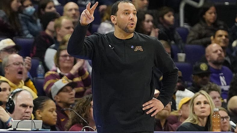 Mar 6, 2022; Evanston, Illinois, USA; Minnesota Golden Gophers head coach Ben Johnson gestures to his team during the second half at Welsh-Ryan Arena. Mandatory Credit: David Banks-USA TODAY Sports