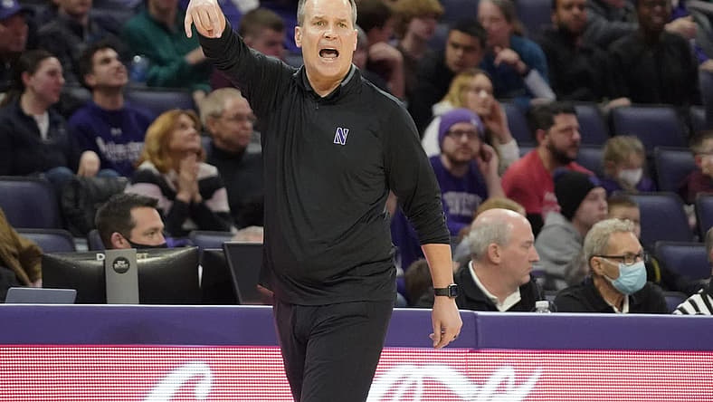 Mar 6, 2022; Evanston, Illinois, USA; Northwestern Wildcats head coach Chris Collins gestures to his team during the second half at Welsh-Ryan Arena. Mandatory Credit: David Banks-USA TODAY Sports